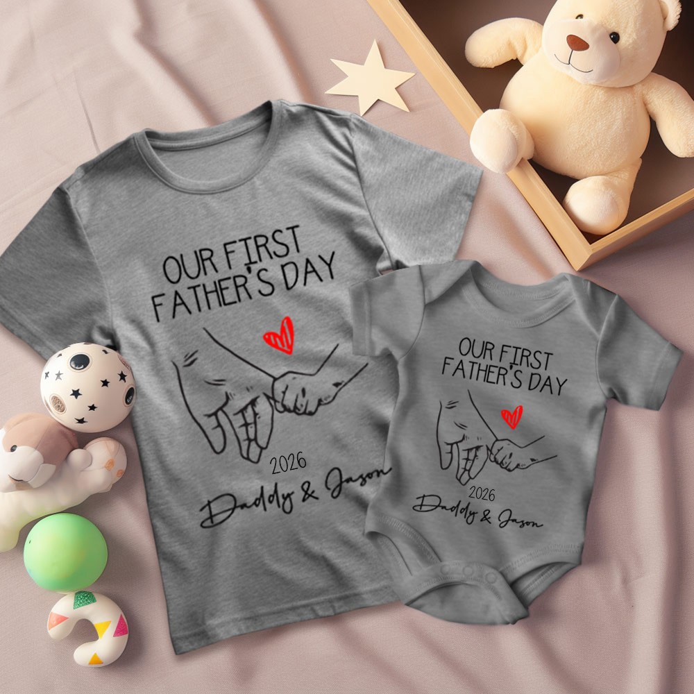 Customized Holding Hands Name Parent-child Shirt, Our First Father's Day Shirt, Cotton Father&Baby Bodysuit, Birthday/Father's Gift for Dad/Grandpa