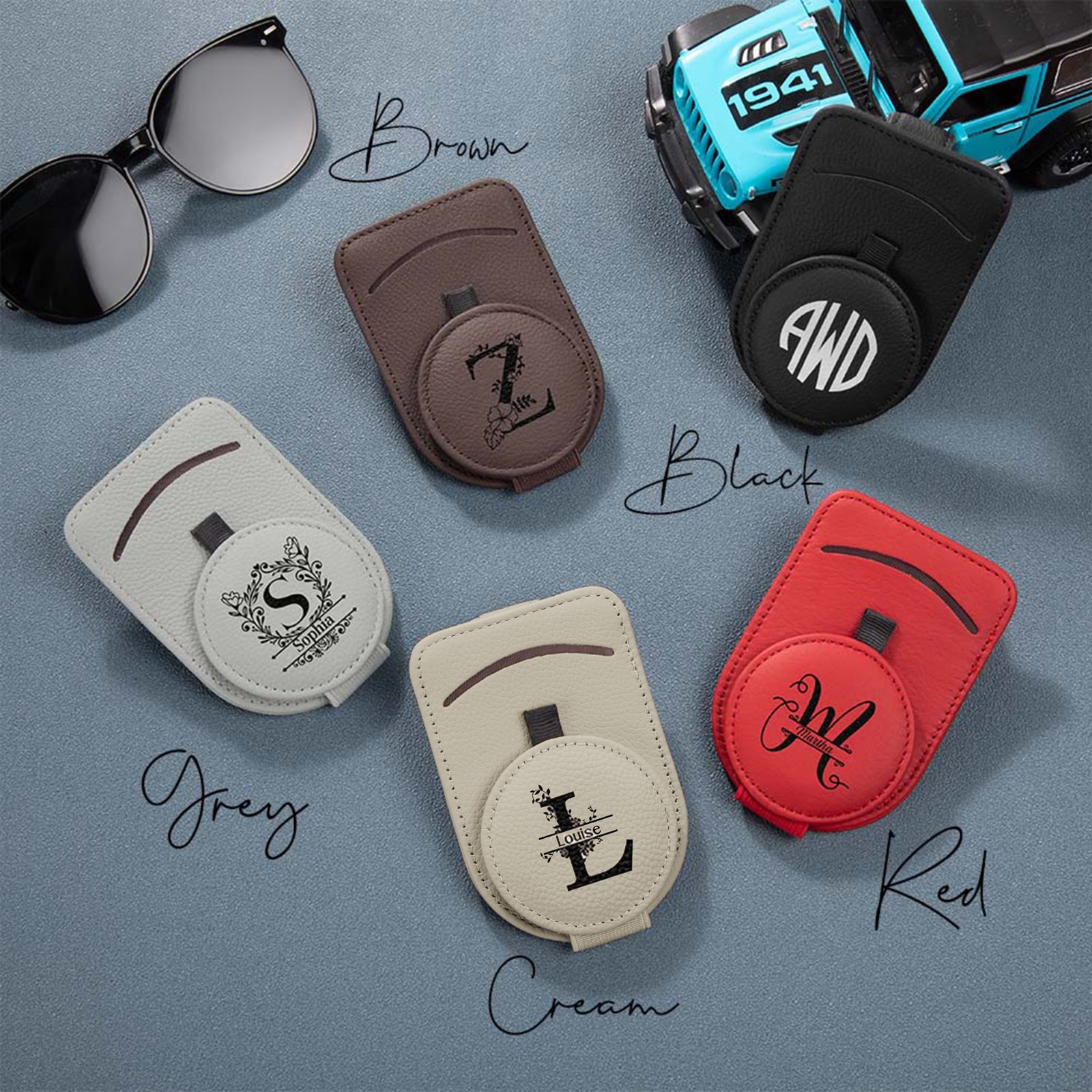 Personalized Initial & Name Car Sunglasses Holder, Multicolor Sun Visor Leather Magnetic Clip for Sunglasses, Birthday/Vacation Gift for Her/Him