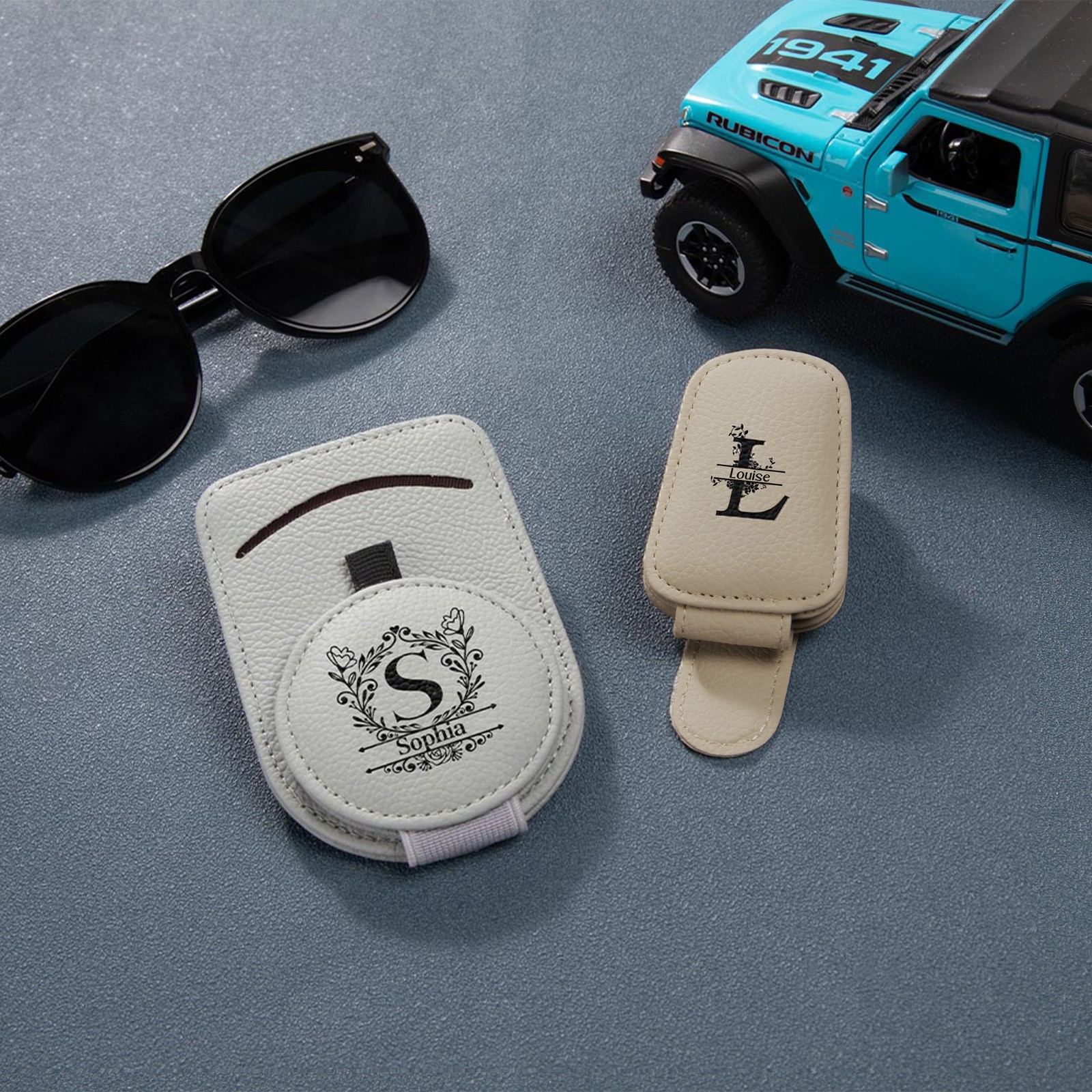 Personalized Initial & Name Car Sunglasses Holder, Multicolor Sun Visor Leather Magnetic Clip for Sunglasses, Birthday/Vacation Gift for Her/Him
