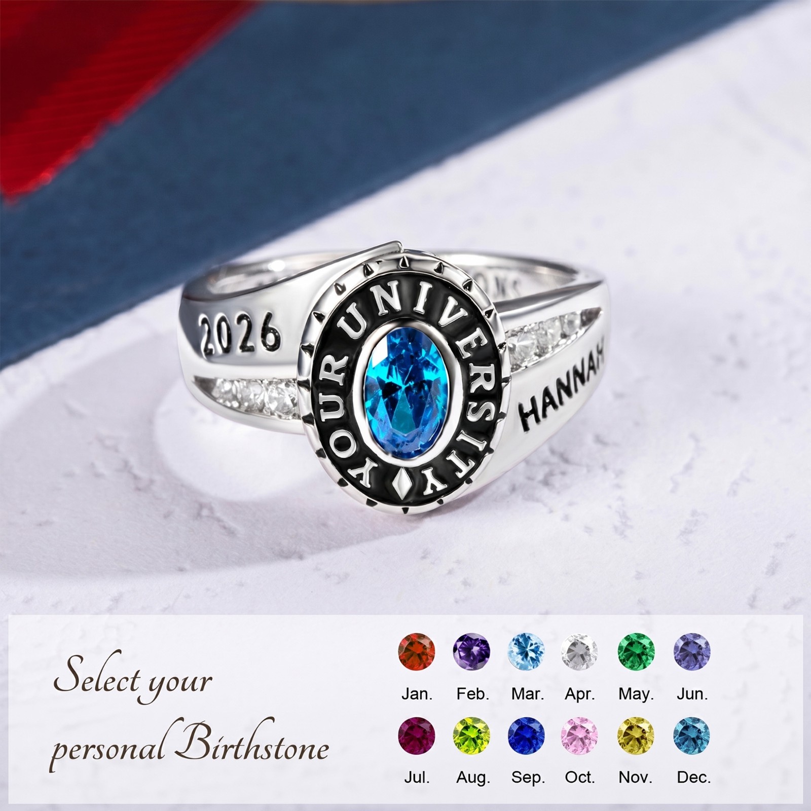 Custom Woman Birthstone School Class Ring with Engraved Text, High School University Graduation Ring, Graduation Gift for Class of 2026 Graduates