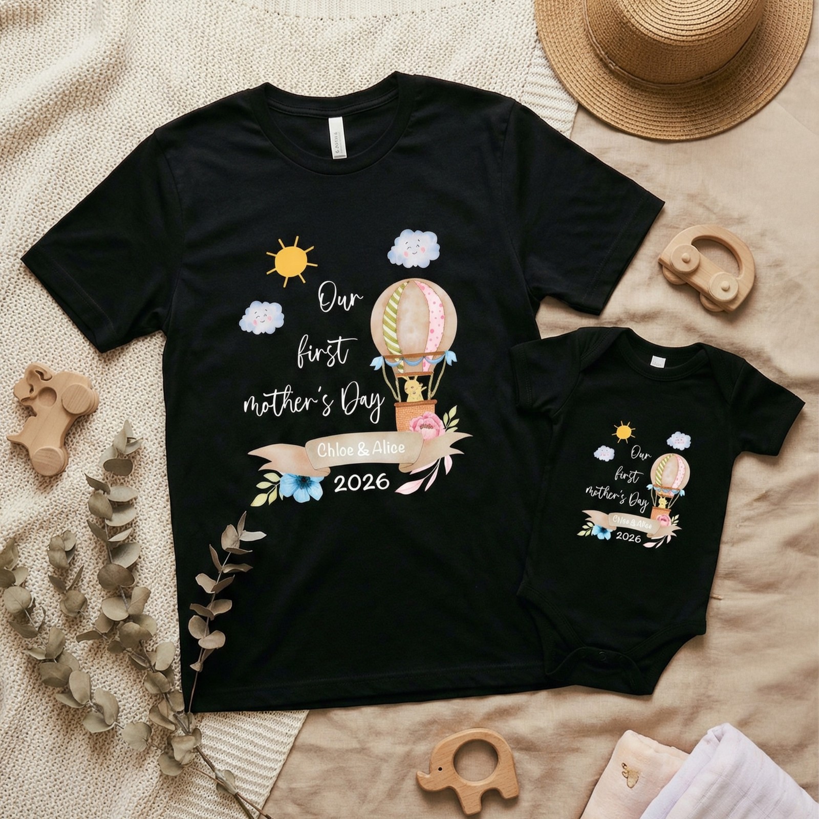 Our First Mother's day Mom and Baby Set, Customized Animals/Pattern Babysuit&Mommy T-shirt, Personalized T-shirt & BabyRomper, New Mom Gift