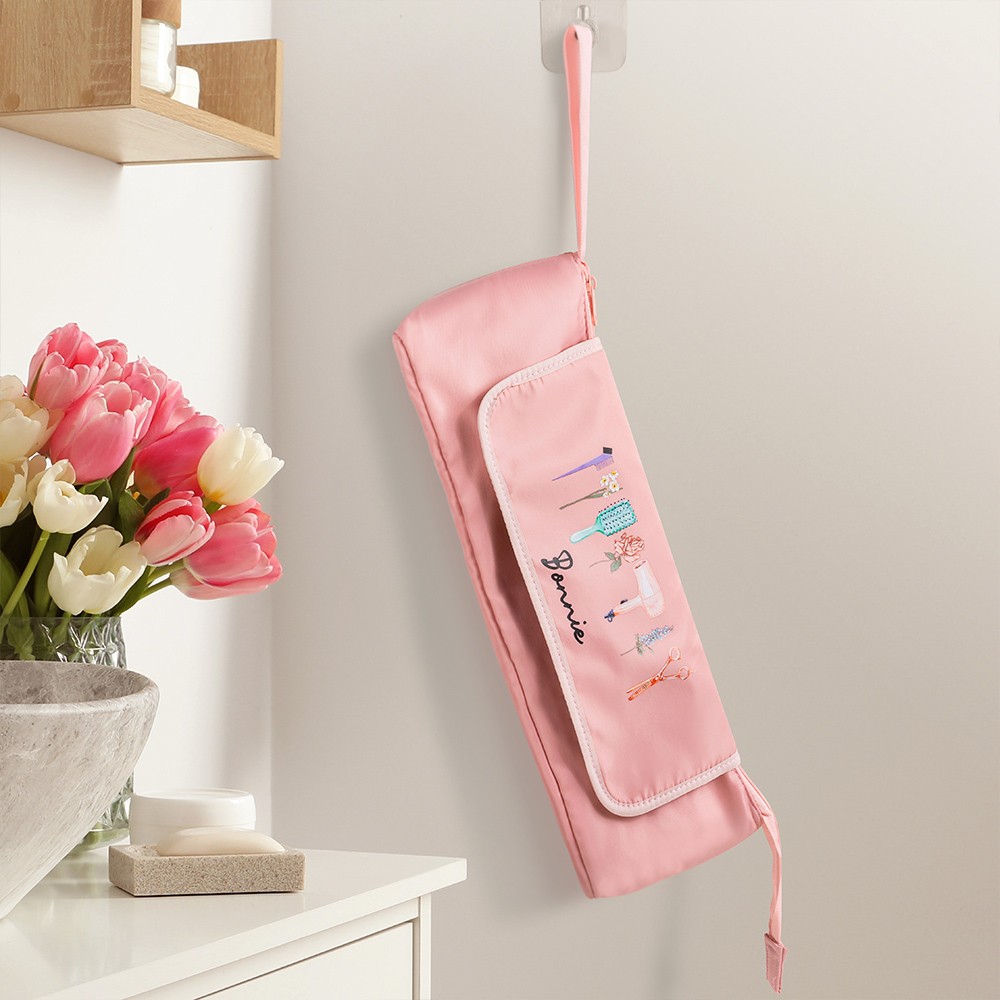 Custom Name & Birth Flowers Hair Tools Storage Bag, Straightener Curling Iron Travel Bag with Heat Resistant Mat, Haircare Accessories, Gift for Her