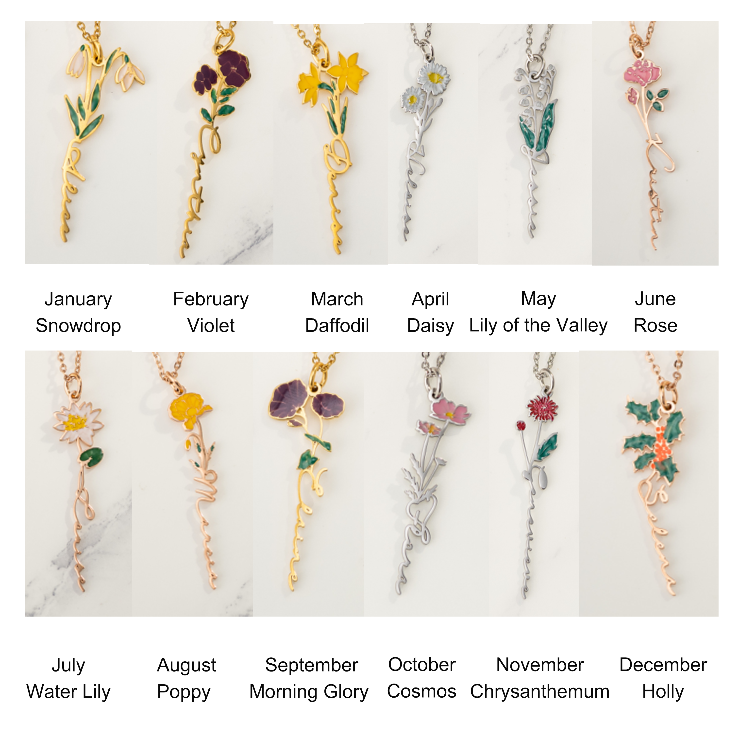 Custom Name Layered Birth Flower Necklace with Birthstone, Stainless Steel Layering Charm Necklace, Floral Jewelry Gift for Her/Women/Wife/Girlfriend