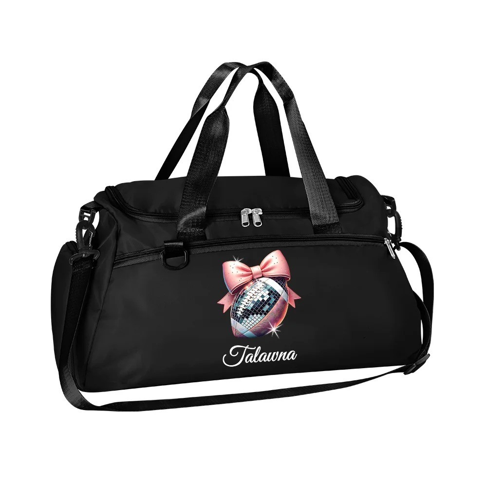 Custom Name Pink Bow Disco Ball Theme Duffle Bag, Waterproof Large Capacity Travel Overnight Bag, Christmas/Birthday Gift for Team/Coach/Sports Lovers